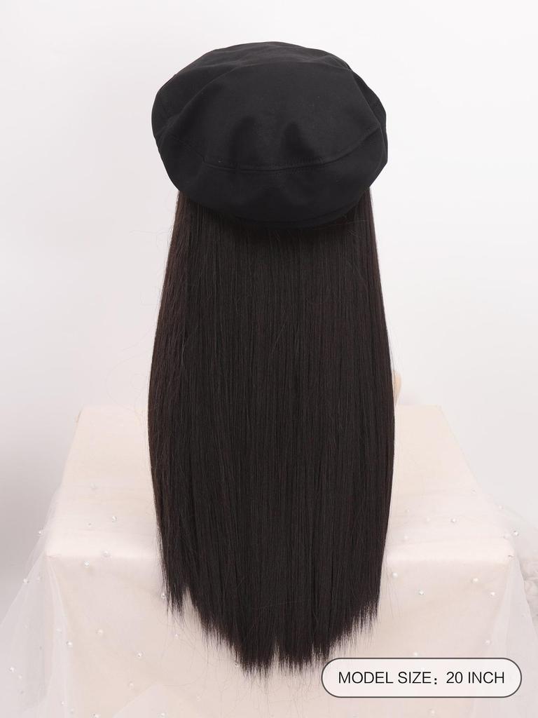 Beret Hair Extensions, Long Straight Synthetic Black Wig Extensions, Suitable for Women's Daily Wear