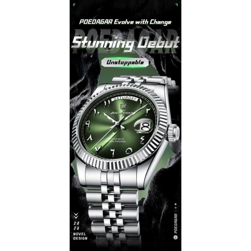 POEDAGAR Fashion High Quality Men Clock Waterproof Date Week Watch for Man Stainless Steel Luxury Quartz Watches + Box