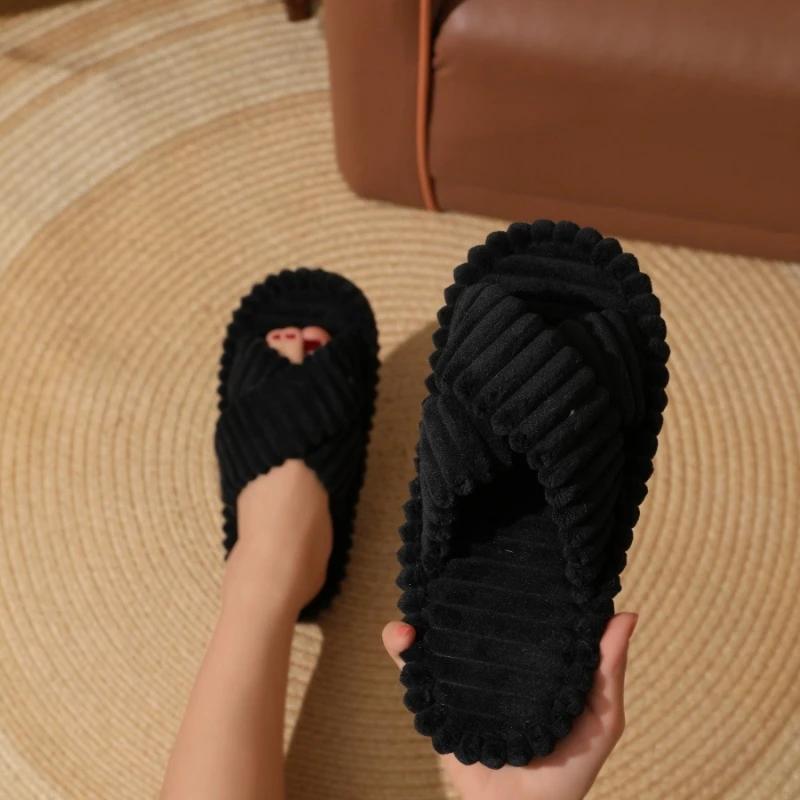 Winter Women Fashion Cross Strap Slippers Females Soft Corduroy Home Slides Men Portable Warm Plush Sandals Couples Lovely Shoes