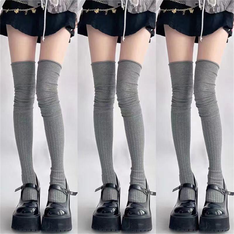 Einfarbige Kniehohe Lange Socken für Damen Japanische Studentin Raffung Lässiges Oberteil Gerippt Gestrickt Oberschenkelhohe Strümpfe Strumpfwaren
