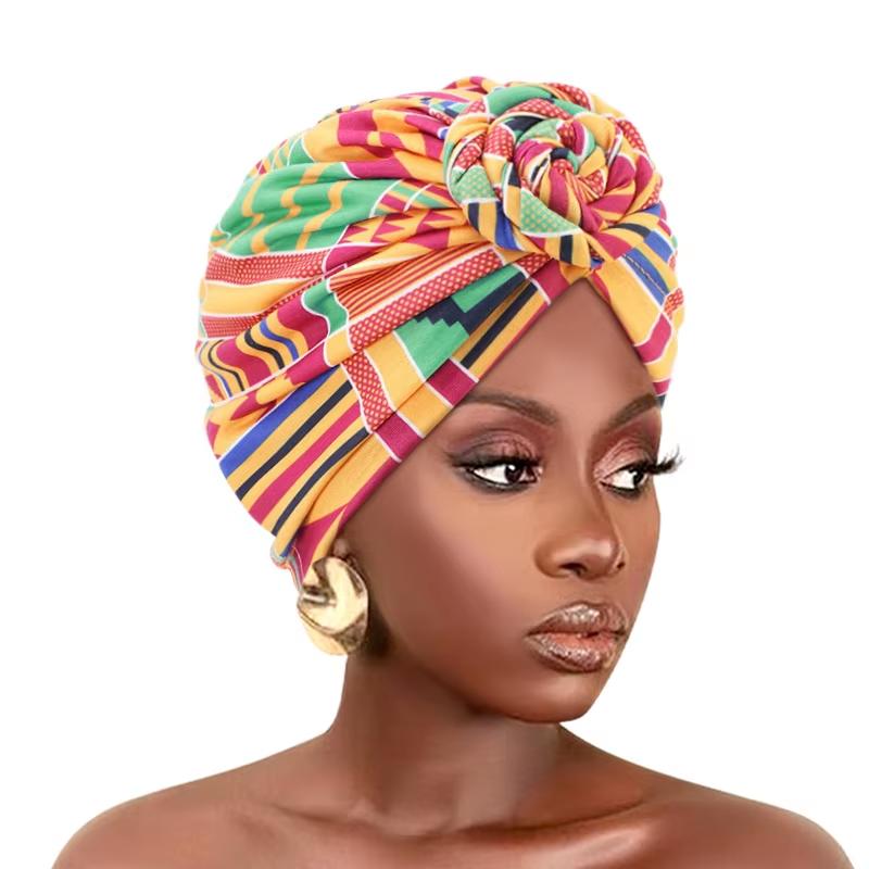 New Women African Print Pleated Turban Knotted Headwraps Elastic Head Scarf Floral Beanie Chemo Cap Bandana Headwear Hair Covers