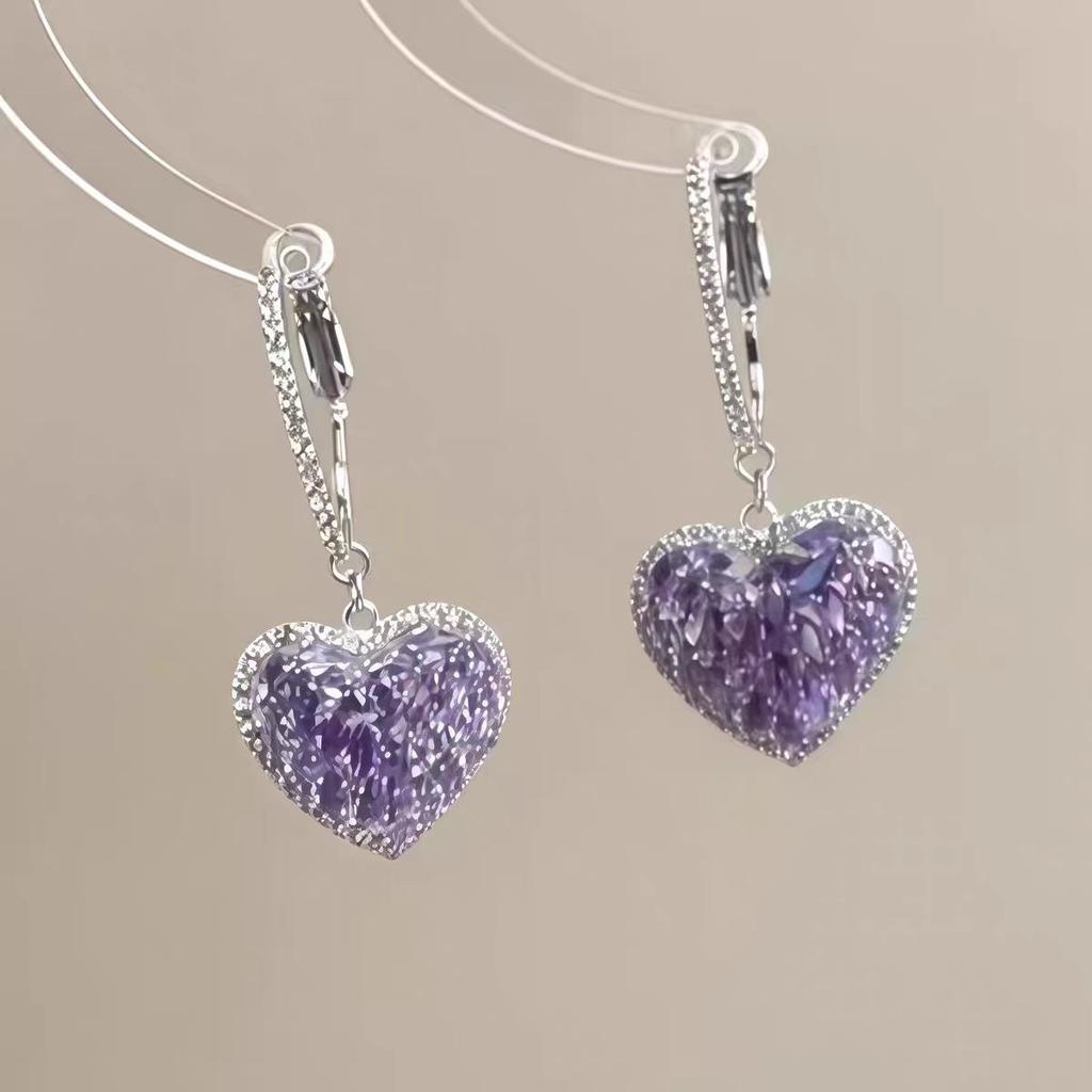 ins wind gentle purple super flash love pendant ear buckle niche fashion exquisite light luxury cold feeling earrings women