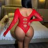 Sex Underwear Red Long-sleeved Ripped Mesh Bikini One-piece Hollowed-out Backless Hip Skirt