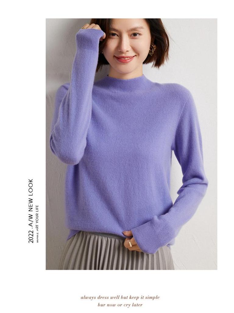 2024 Fall/Winter Women's 100% Wool Semi-High Neck Loose Knitted Sweater
