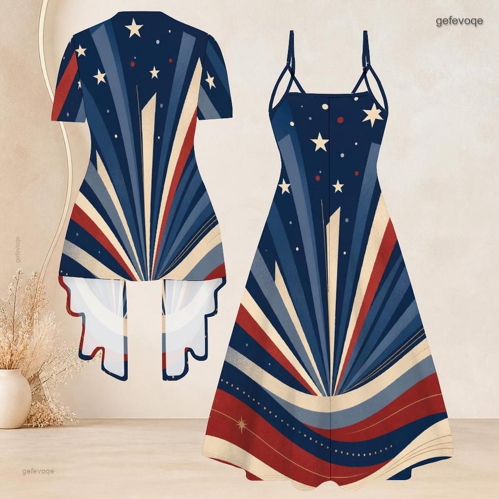 Women Plus Size Two Piece Set Strappy V Neck Flared Dress Short Sleeve Open Cardigan Printed Star Moon Pattern Beige Navy Red