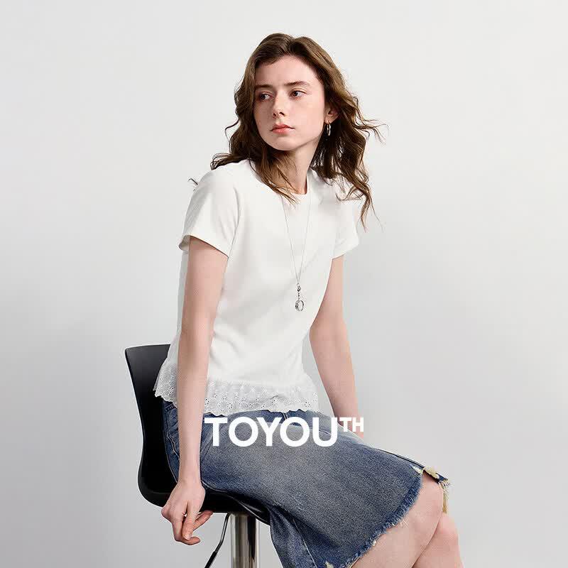 Women s Slim Fit Lace Trim Short Sleeve T-Shirt M белый