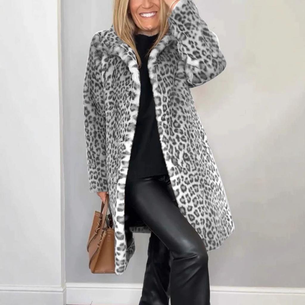 Cappotto da donna con revers, monopetto, stampa leopardata, finta pelliccia, lunghezza media