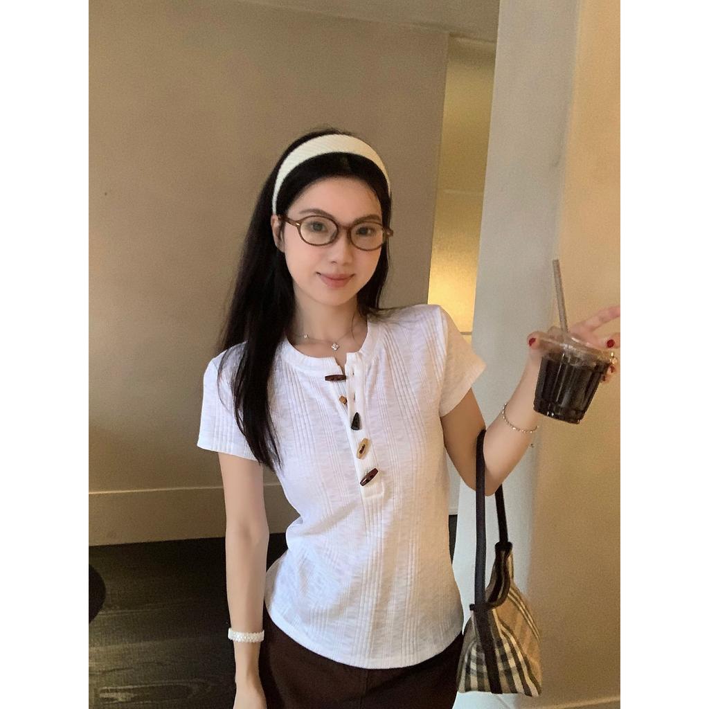 Fashion niche design sense semi-open neck front shoulder short-sleeved T-shirt women's summer slim and thin versatile small top