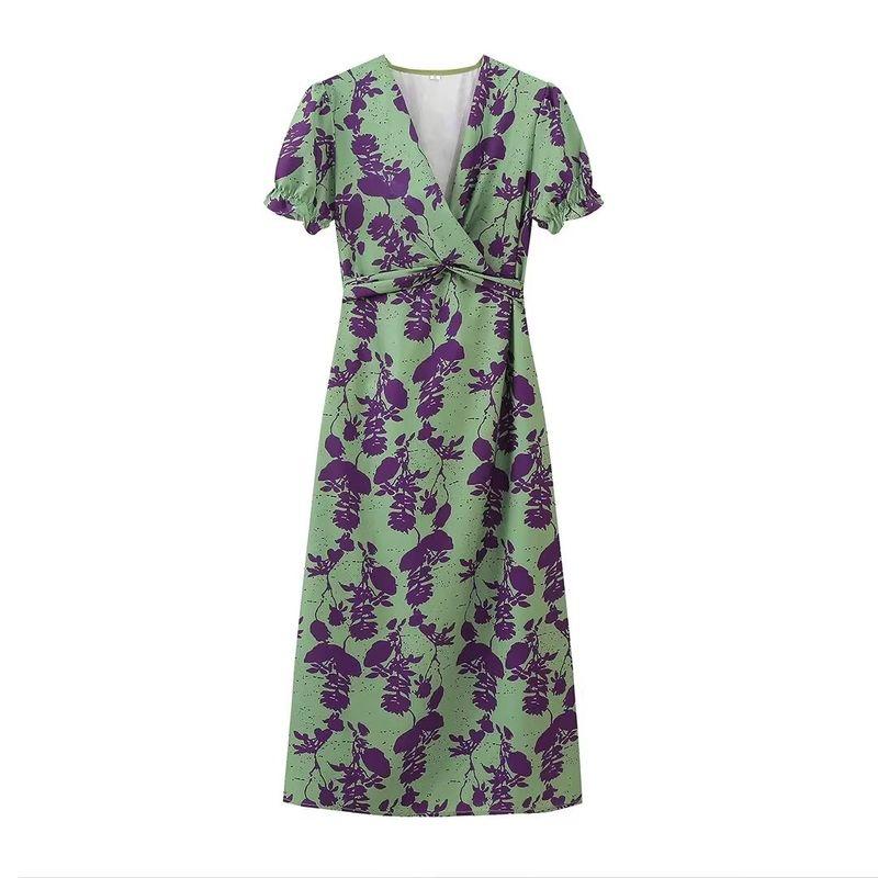 2025 Spring New Women clothes European and American Fashion Socialite Style Temperament Waist Hugging V-neck Short sleeve Print Mid-Length Dress