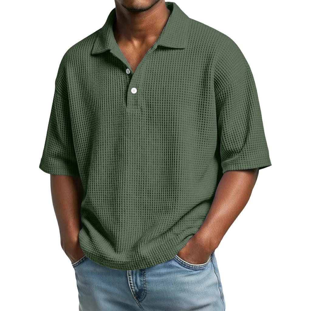 Versatile Men Waffle Knit Polo Shirts Short Sleeve Lapel Neck Solid Loose Casual Daily Male Tops
