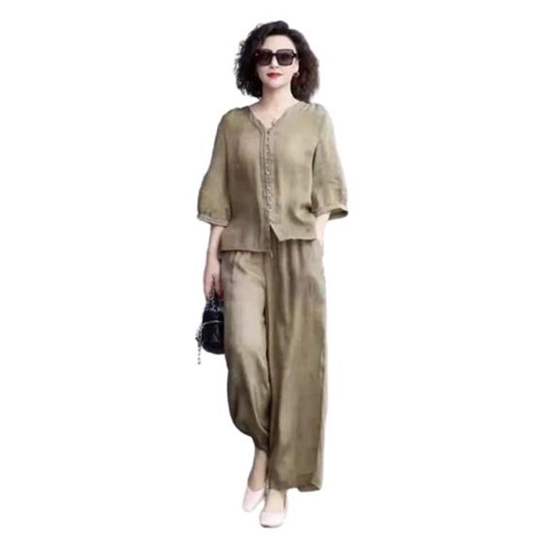 Women Casual 2 Piece Outfit Sleeve Button Down Shirt Wide Leg Pants 45720