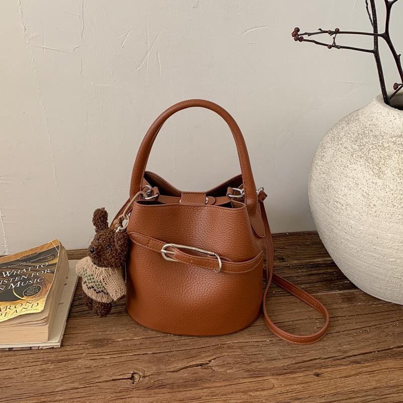 Litchi-pattern Handbag - Soft Leather Bucket Bag - Versatile Commuter Crossbody Bag
