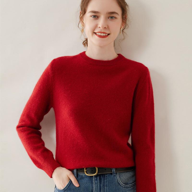 Women's Plus Size 100% Wool Thickened Round Neck Sweater - Winter Solid Color Pullover
