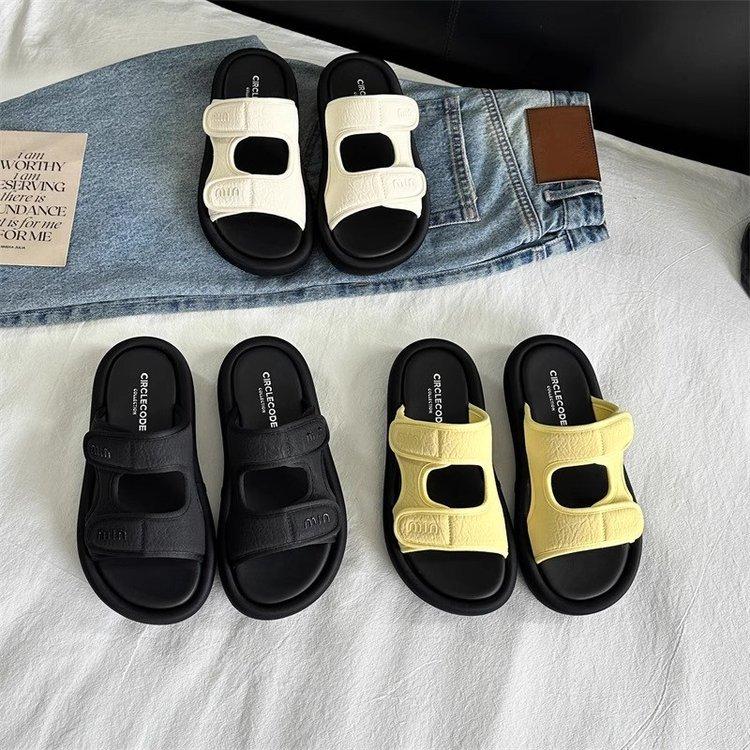 Soft leather Velcro thick bottom one-word women 2025 summer new lightweight height increase outer wear open-toed beach cool slippers