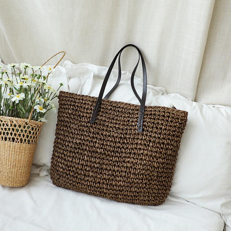 IELGY summer pastoral woven beach bag, casual seaside vacation handbag, large-capacity straw