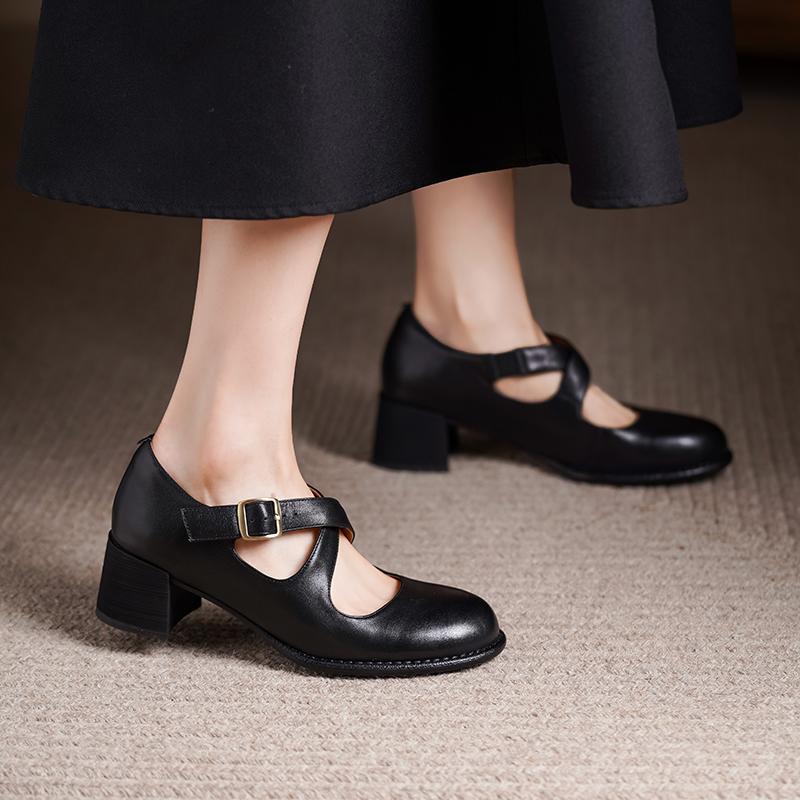 Fashion Fashion Round Toe High Heels 2025 Spring Summer Pumps Genuine Leather Buckles Mary Jane Party Wedding Shoes Woman Women Heels