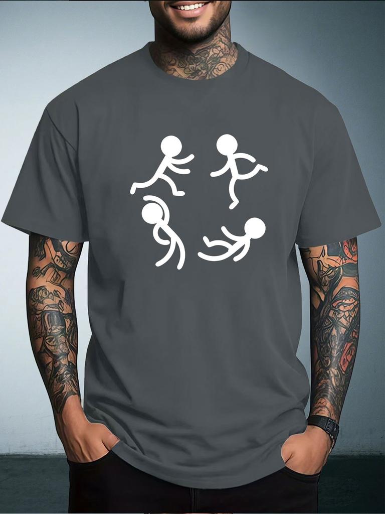 Unisex Summer White Short Sleeve Tee Circle Running Stick Figures Simple Graphic Print Crew Neck Loose Casual Male Daily Tops