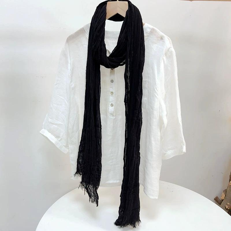 Solid Color Cotton Crinkled Scarf for Women Retro Neck Warmer Decorative Narrow Long Striped Scarf Wrap Shawl for Autumn 220cm