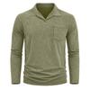 Camisa Polo de Manga Larga Lavada Vintage para Hombre Cuello con Bolsillo Retro Top Casual para Uso Diario