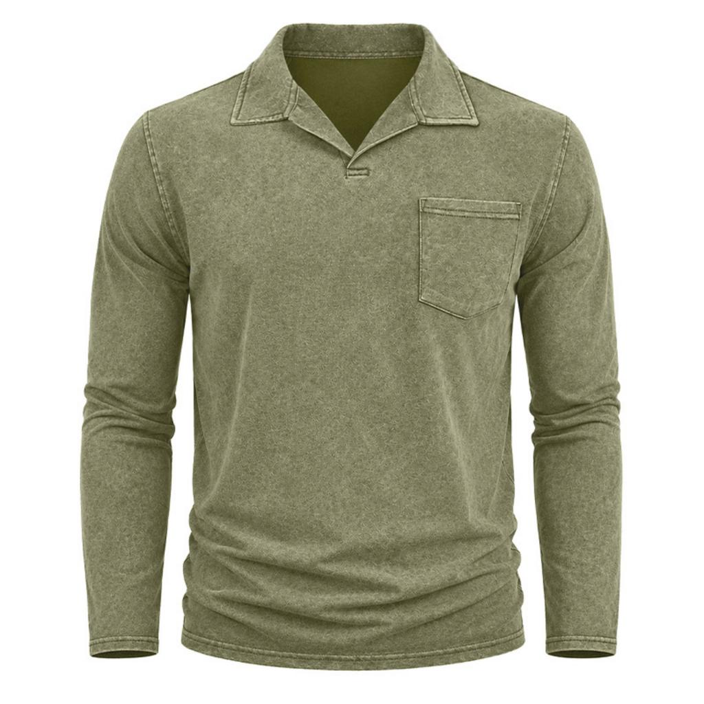 Camisa Polo de Manga Larga Lavada Vintage para Hombre Cuello con Bolsillo Retro Top Casual para Uso Diario