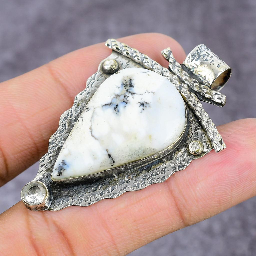 Dendrite Opal, Topaz Handmade 925 Sterling Silver Pendant 2.36" m7A35