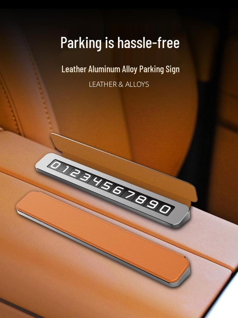 Premium Leather and Alloy Car Temporary Parking Sign with Concealable Phone Number Plate