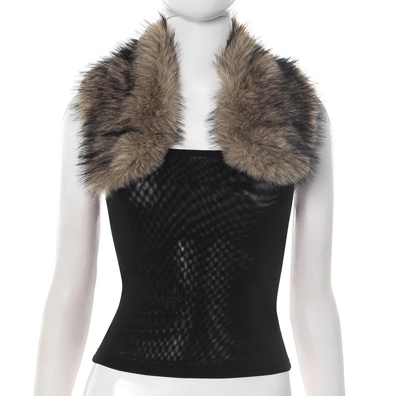 Women s Elegant Backless Spliced Fur Collar Waist-Cinching Summer Top Large чёрный