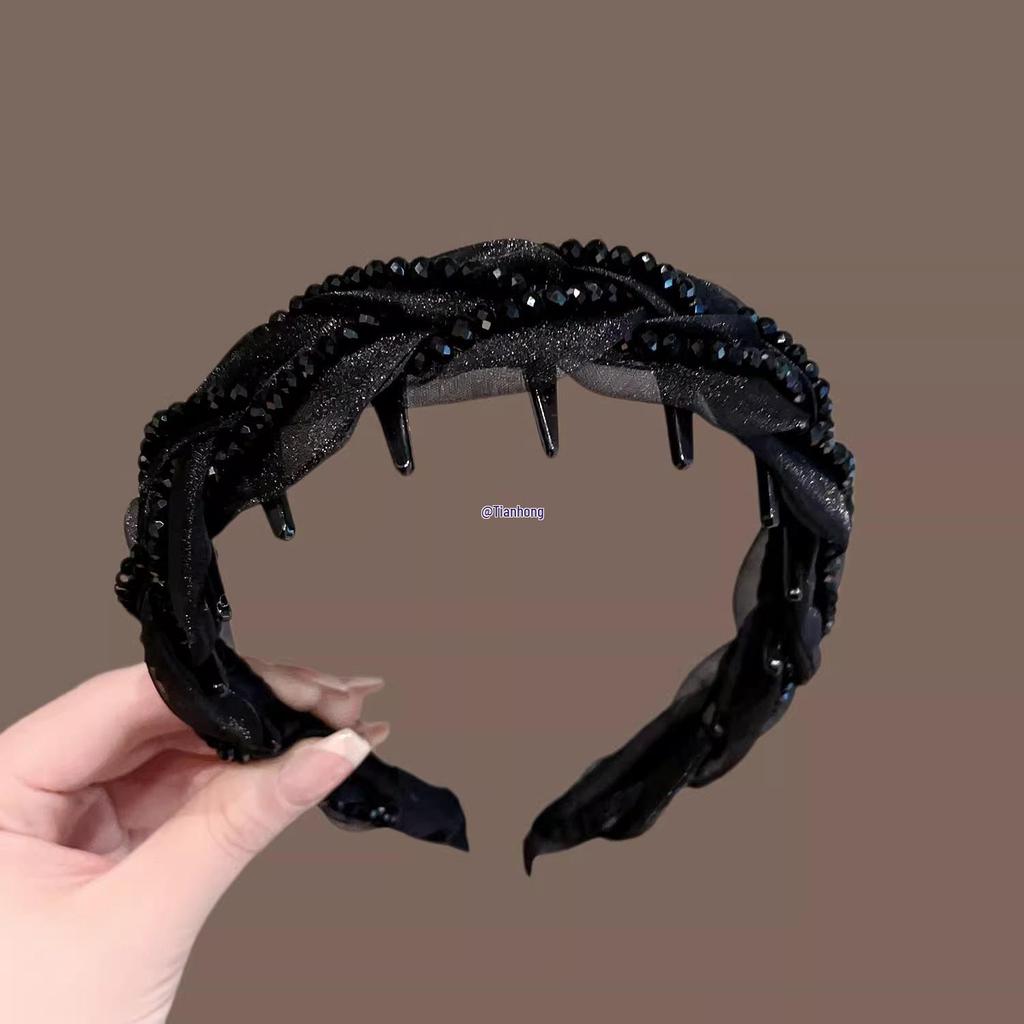 UK Luxury Black Crystal Mesh Women's Headband - High Skull Top, Versatile and Stylish