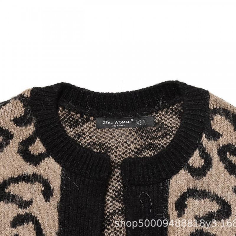 Womens 2026 Retro Animal Print Knit Cardigan Sweater Long Sleeve Round Neck Casual Streetwear