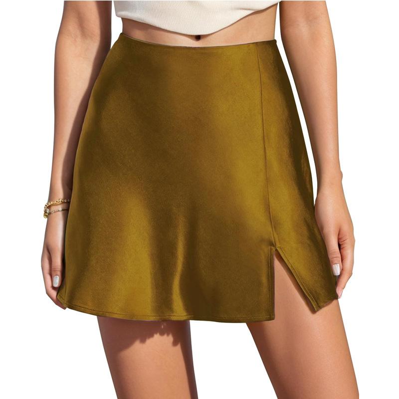 Women's Satin Mini Skirt High Waist A-Line Slit Hem Elegant Casual Summer Party Short Skirts