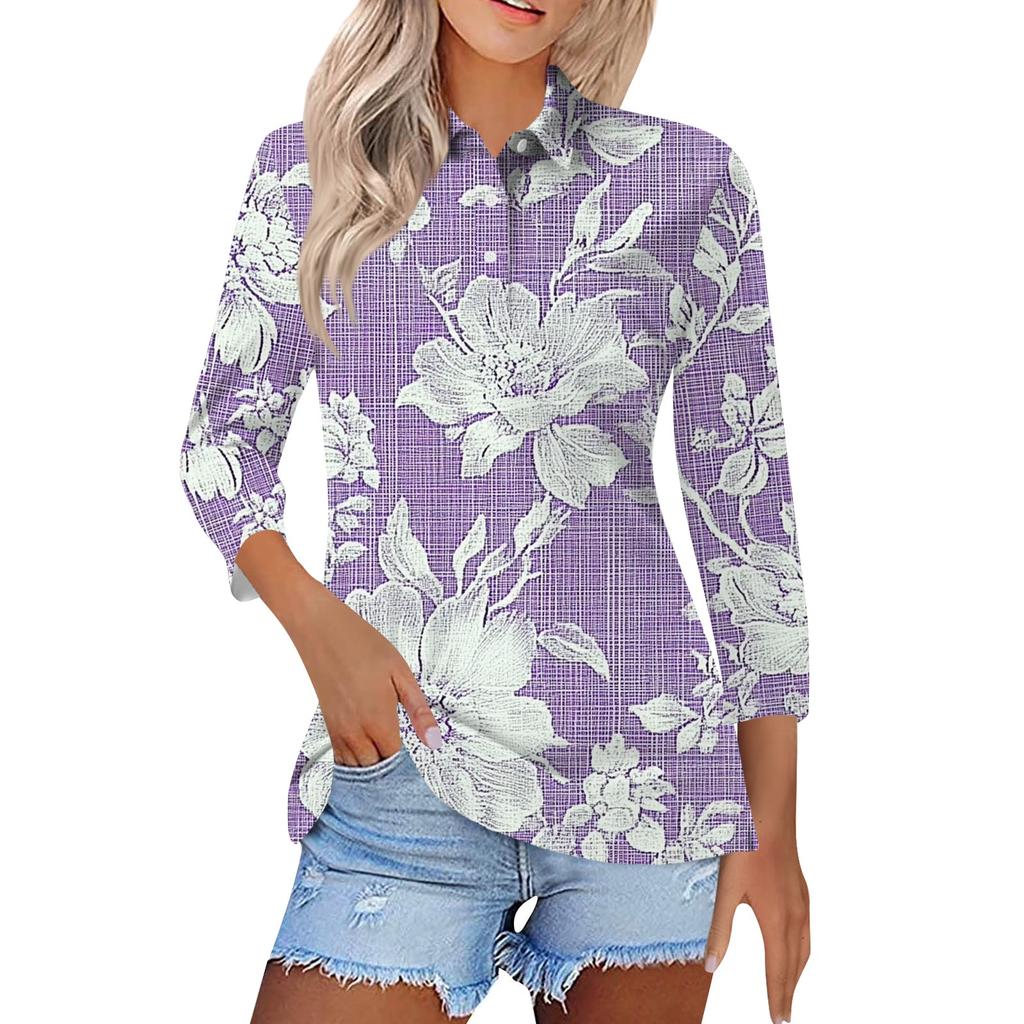 Women's Fashion Casual Button 3/4 Sleeve Vintage Floral Print Lapel Top