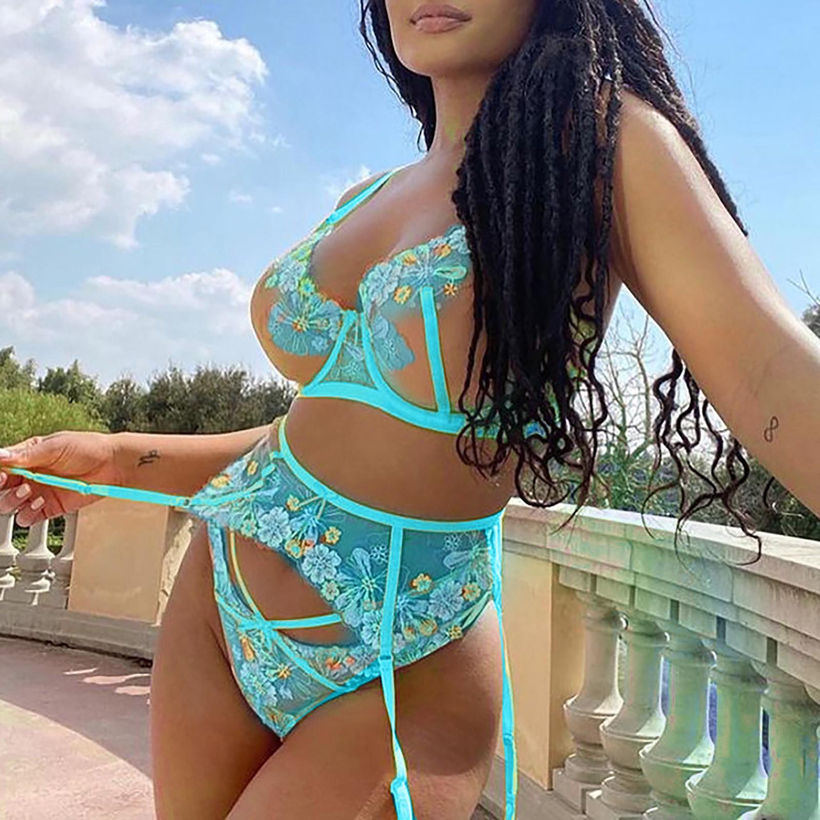 

Женское сексуальное кружевное Полое прозрачное нижнее белье с цветочной вышивкой, костюм-тройка L синий