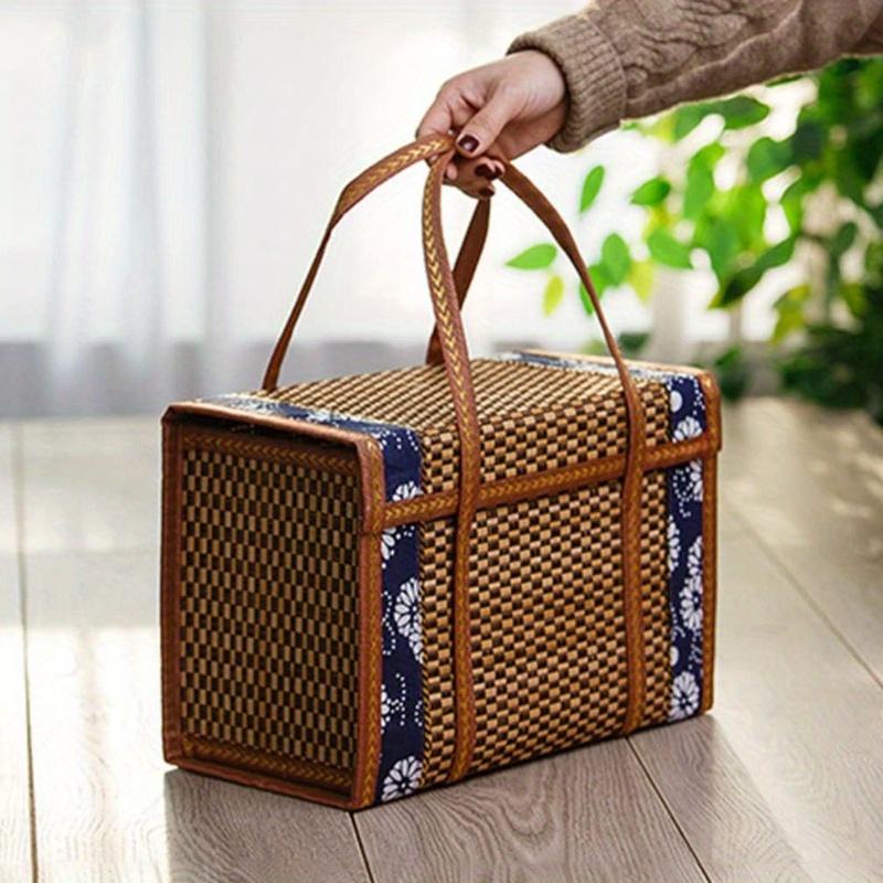 1pc Handcrafted Bamboo Picnic Basket With Handles, Rectangular Retro Style Foldable Bamboo Bag For Snacks & Fruits, Portable Woven Basket With Lid