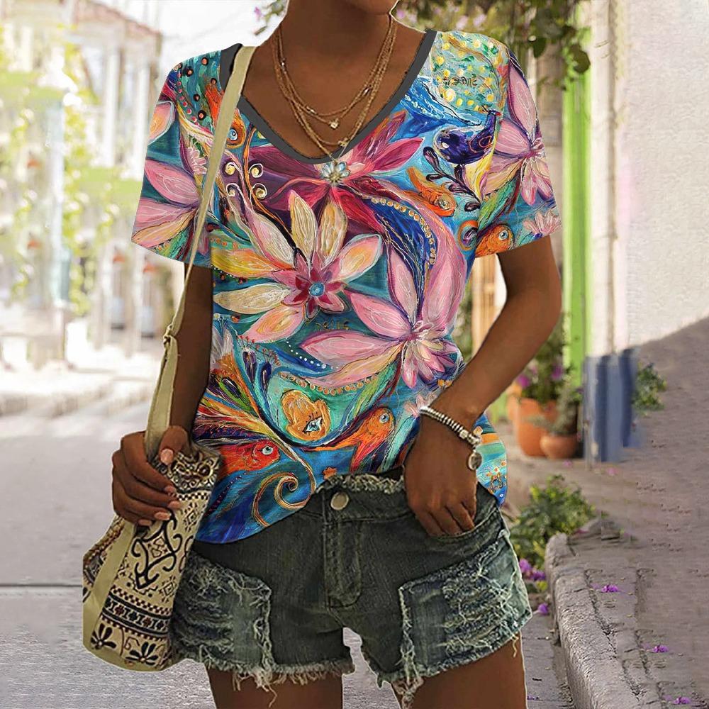 

Женская футболка с абстрактной масляной живописью, цветочным принтом, повседневная мода, отпуск, летняя одежда оверсайз с коротким рукавом для женщин 3XL