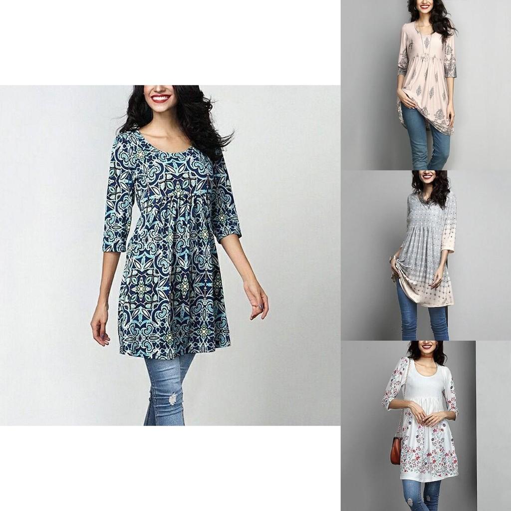 Elegantes Plus Size Damen Druck Langarm Mini Kleid T-Shirt Tunika Herbst S-5XL