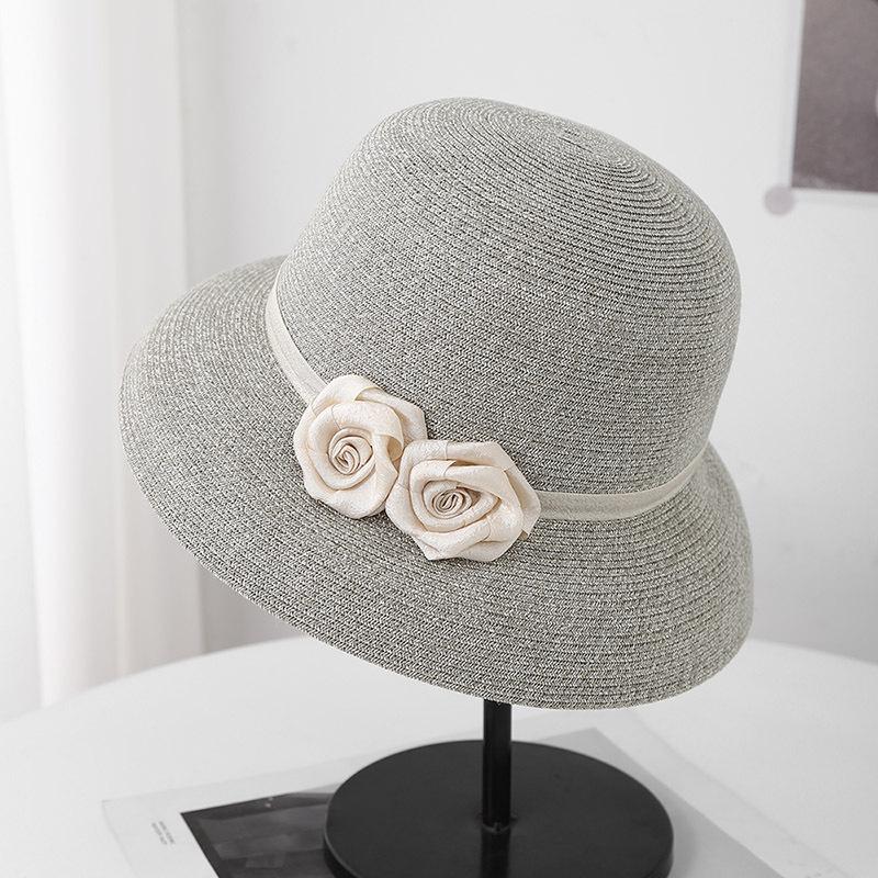 French Hepburn Style Double Flower Elegant Bucket Hat Women's Summer Sun Protection Straw Hat Big Brim Pot Hat Straw Woven Beach Sun Hat