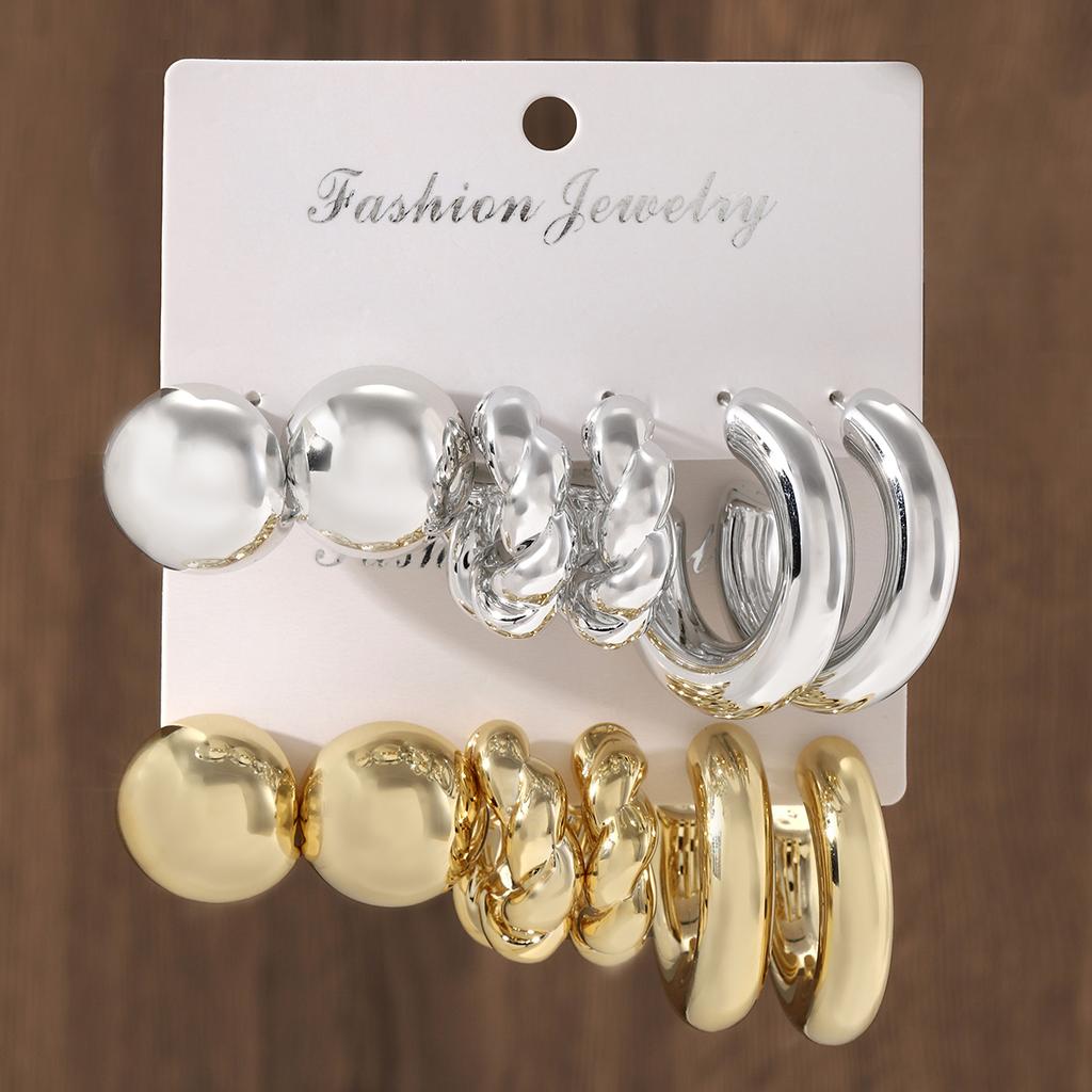 Fashion Geometry Chunky C-shaped Earring Set Creative Design Half Round Stud Earrings Women's Statement Versatile Daily Zircon