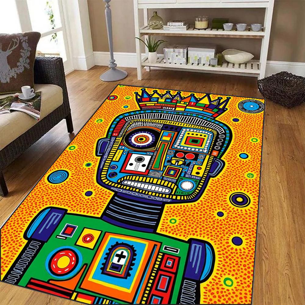 Cartoon Robot Pattern Area Rug Colorful Abstract Design Floor Mat Non-Slip Carpet for Living Room Kids Room Home Decoration