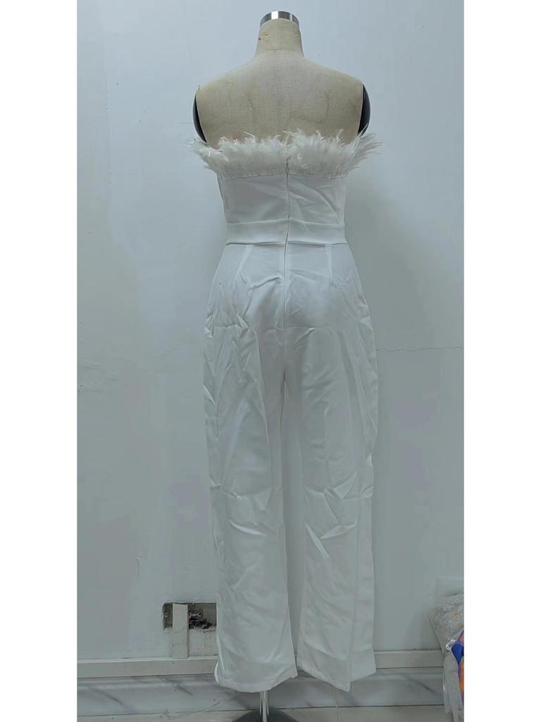 2025 Spring/Summer European & American Women's Feather Bandeau One-Shoulder Backless Jumpsuit