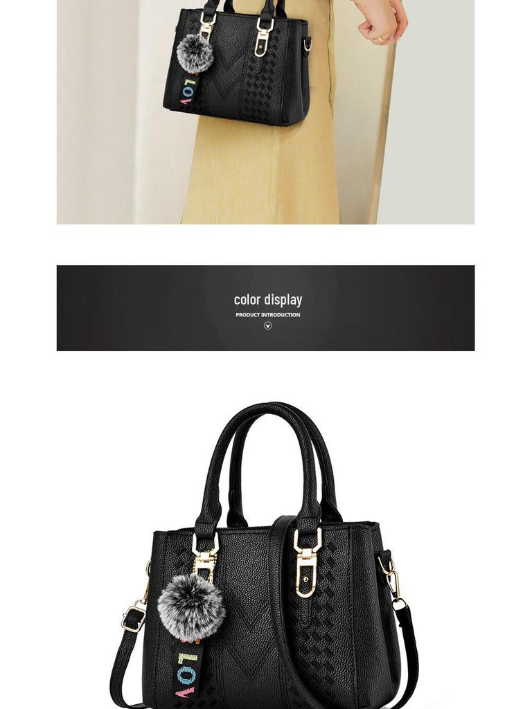 2024 New Korean Style Fashion Embroidered Women's Handbag with Large Capacity and Pom-Pom Pendant