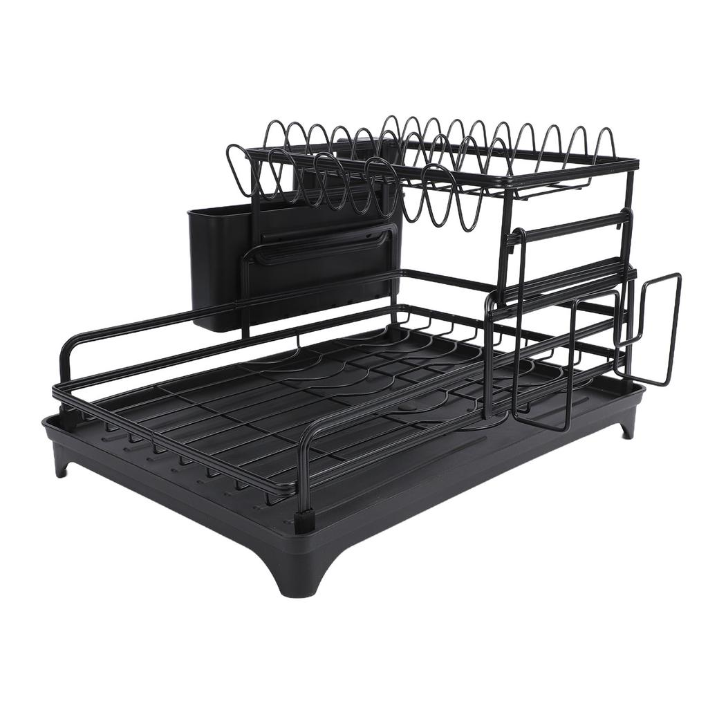 Dish Drying Rack Black Minimalist Space Saving Carbon Steel 2 Tier Dish Drainer for Kitchen Counter