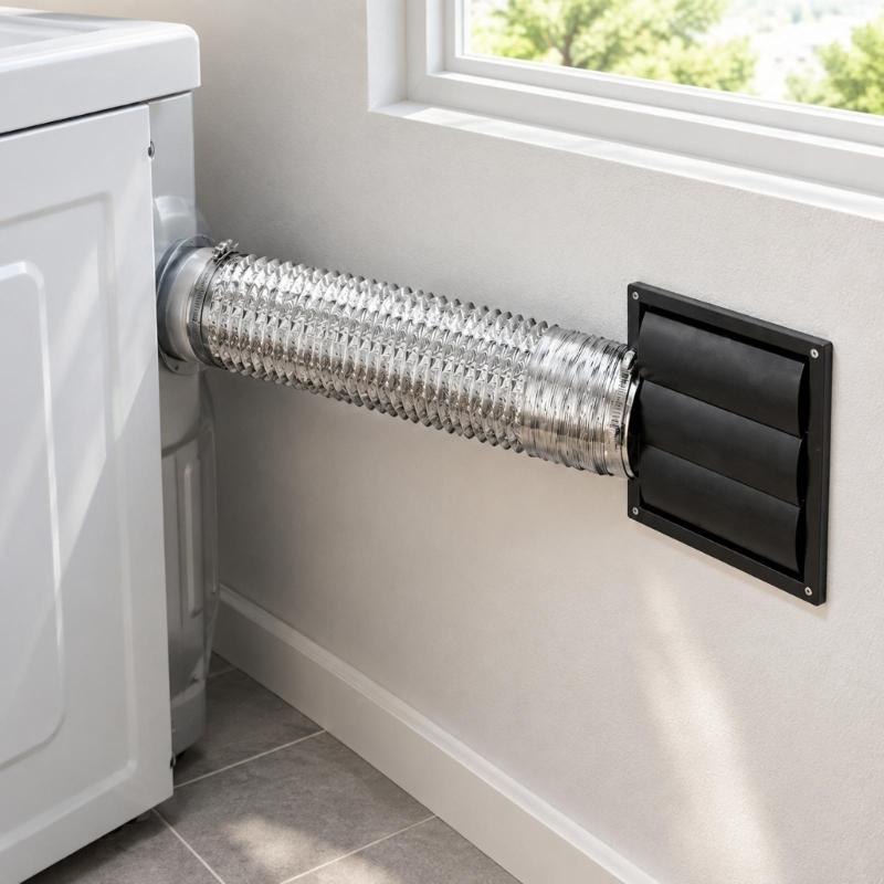 Dryer Exhaust Wall Outlet Package with Exterior Cover, Flexible Duct, Clamps, and Sealing Accessories for Air Routing