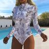 Women Long Sleeve One Piece Swimsuit Zip Front  Flower Print Rash Guard Surfing Bathing Suit