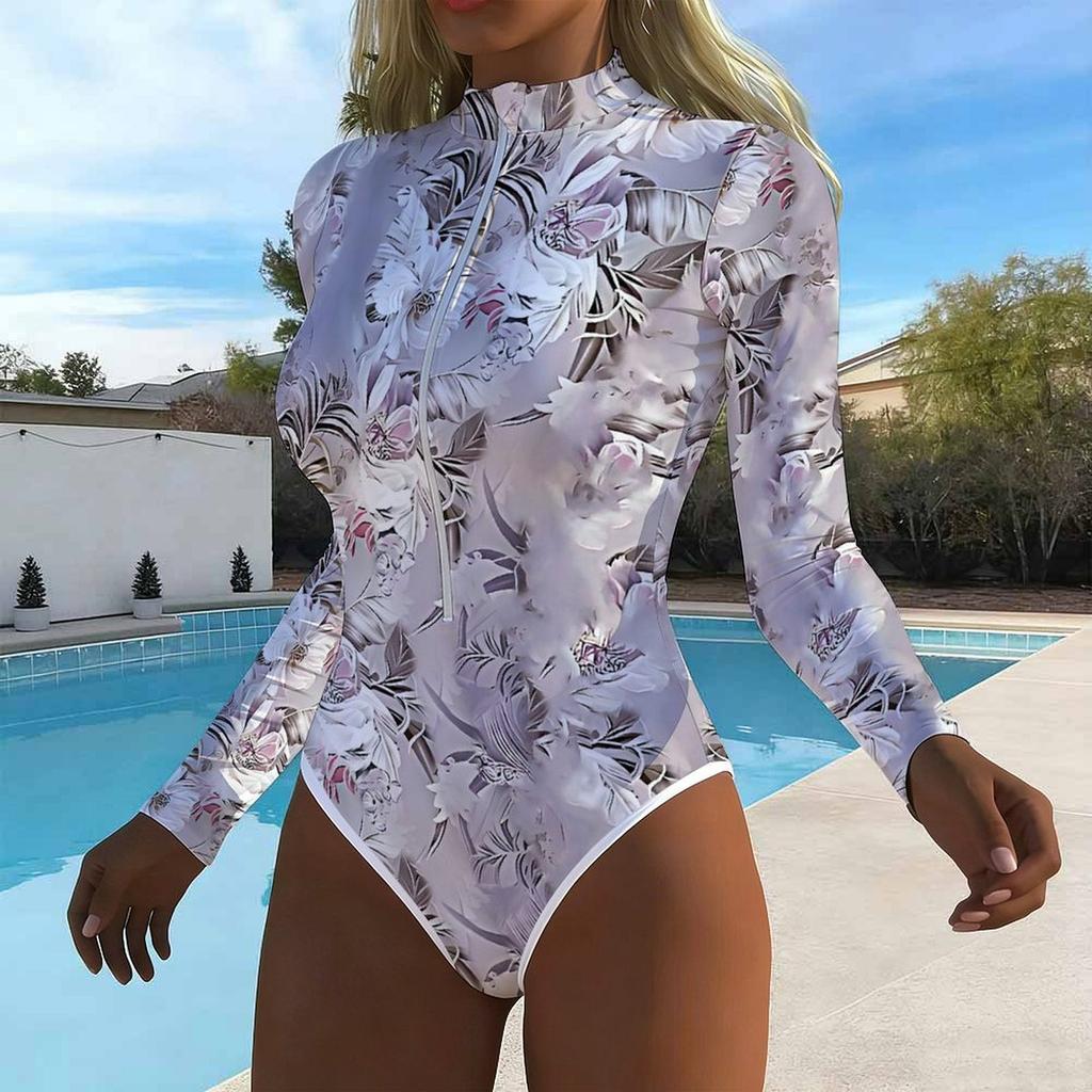 Women Long Sleeve One Piece Swimsuit Zip Front  Flower Print Rash Guard Surfing Bathing Suit