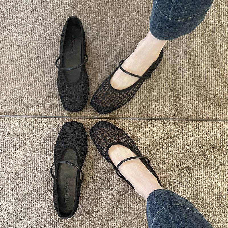 Square Head Hollow Woven Word with Versatile Soft Surface Single Shoes Women's Mesh Sandals Hollow