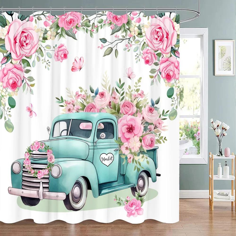 Spring Botanical Floral Shower Curtain Watercolour Style Floral Landscape Washable Fabric Bath Curtain Bathroom Decor With Hooks
