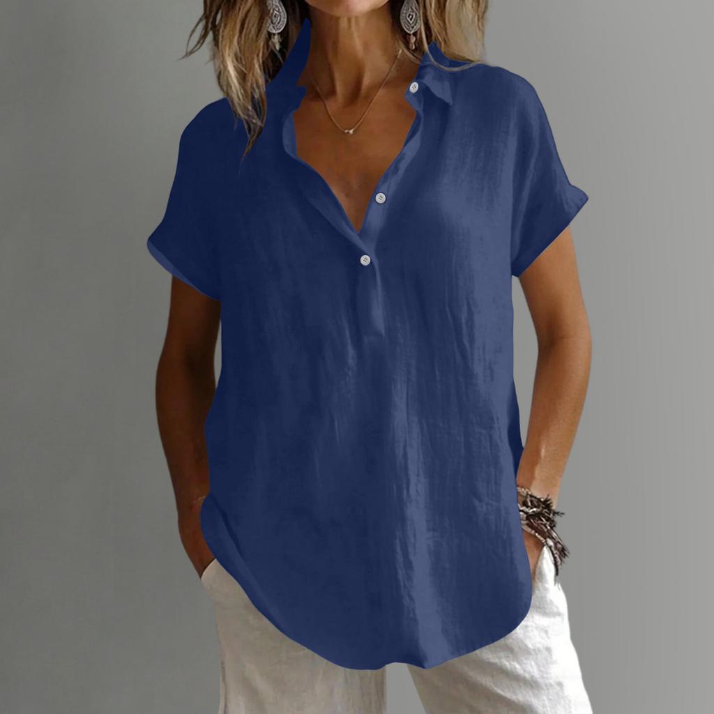 Women's Loose-Fit -Color Cotton-Linen Shirt: Casual Short-Sleeve Top