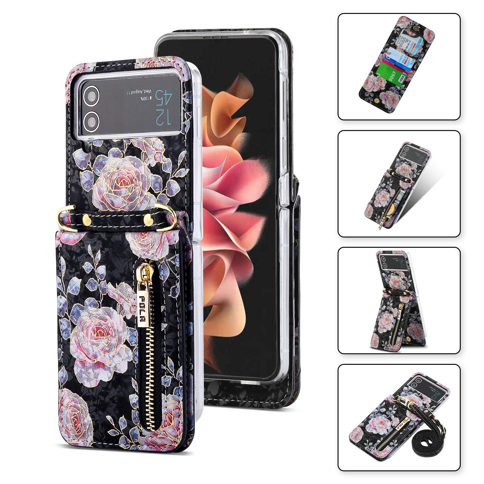 

POLA For Samsung Galaxy Z Flip4 5G PU Leather Kickstand Phone Case Rose Pattern Printing Zipper Coin Pocket Cover with Card Holder Black