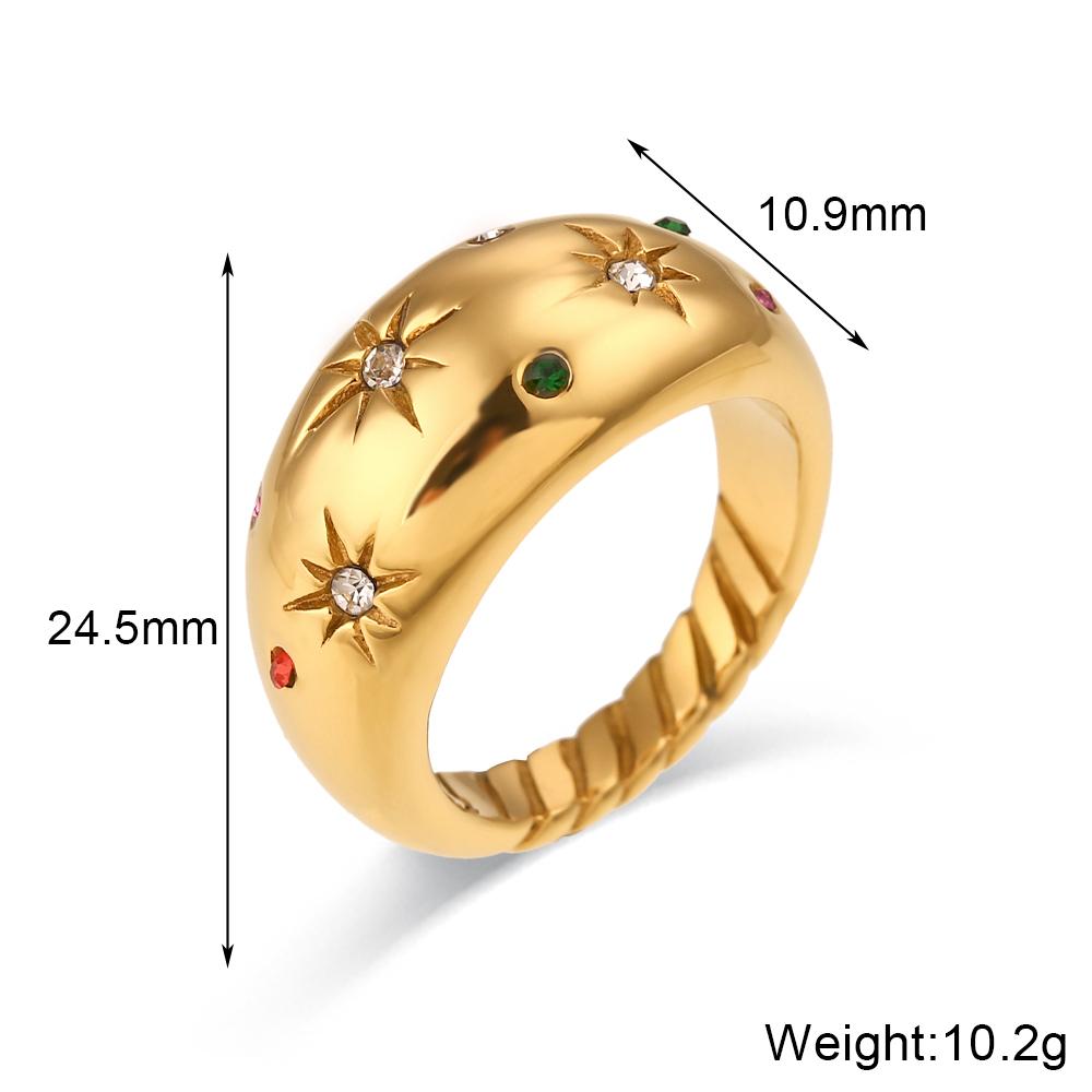 

E.B.belle 2024 Collection Colorful Crystal Zircon Gem Star Pattern Bold Dome Stainless Steel Rings For Women Gold Plated Ring 6