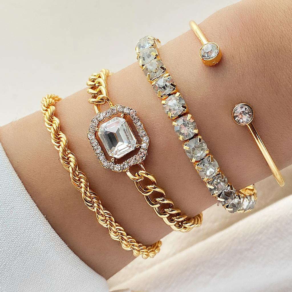 IPARAM 4 Piece Set Luxurious Bracelets for Women Crystal Shiny Adjustable Opening Chain Bracelets Punk Bangle Fashion Zircon